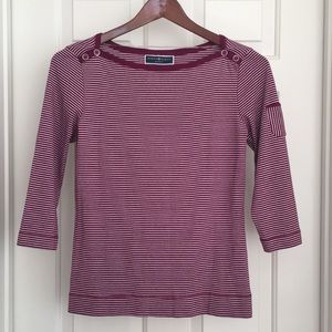 Karen Scott Top Size Small Red White Stripes 3/4 Sleeves Shoulder Buttons